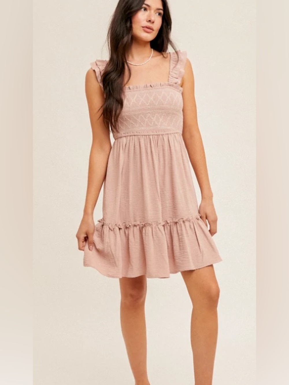 Mystree Ruffled Smocked Square-Neck Dress - Dusty Pink